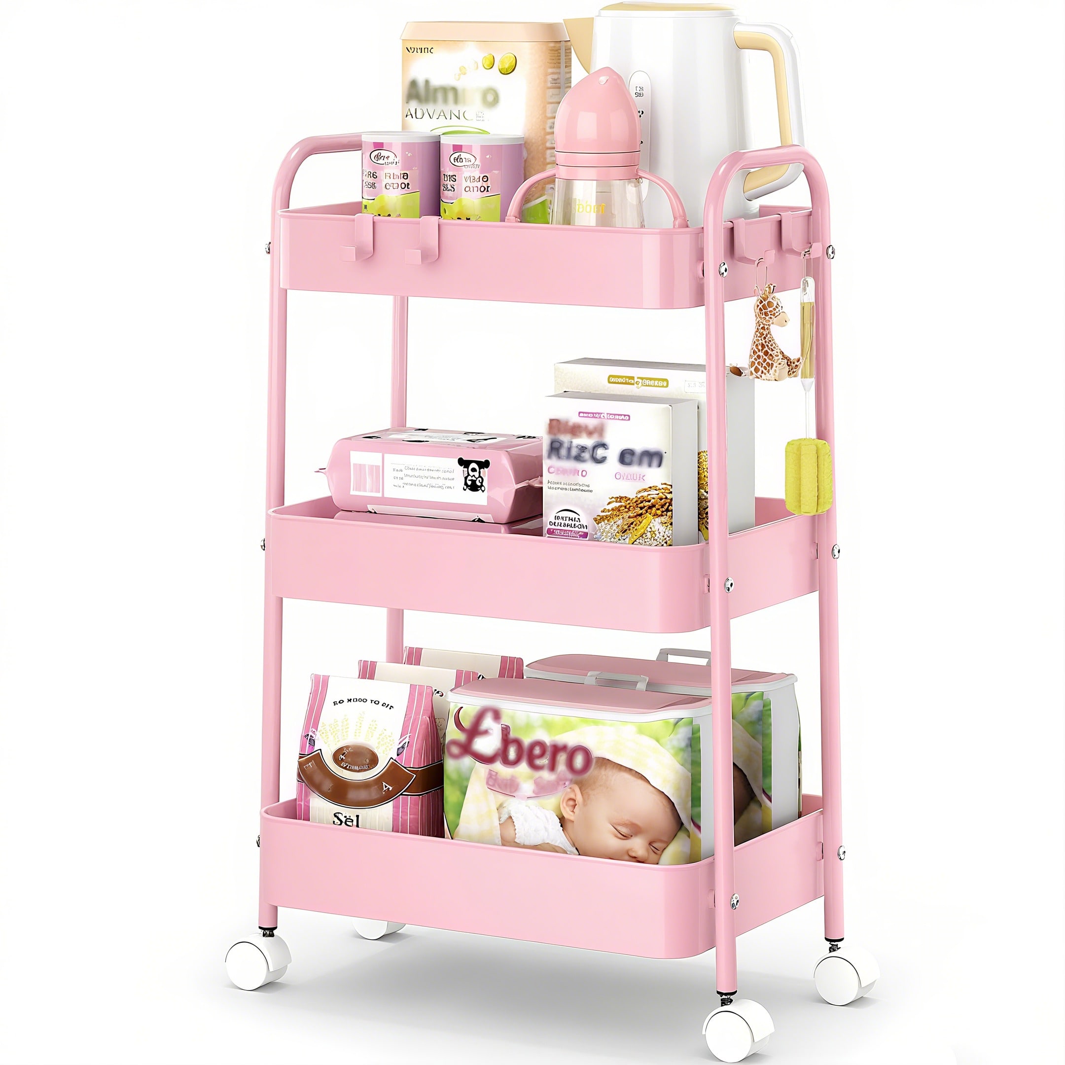 Baby Nursery Trolley - 3段式メタルローリングカート（車輪付き）モダンなピンクのユーティリティ収納カートトロリーオーガナイザー、頑丈なメッシュバスケットユニット、ロック可能なキャスター付き、保育園、ベビー用品、キッチン、バスルーム、オフィス、メイクアップ、新築祝いのギフトに最適