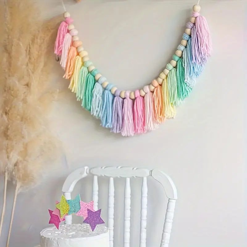 Baby Nursery Decor Girl - 1pc 自由奔放に生きるカラフルなレインボータッセルガーランド手作り木製ビーズバナーホームフェスティバルパーティーの装飾壁掛けバナー