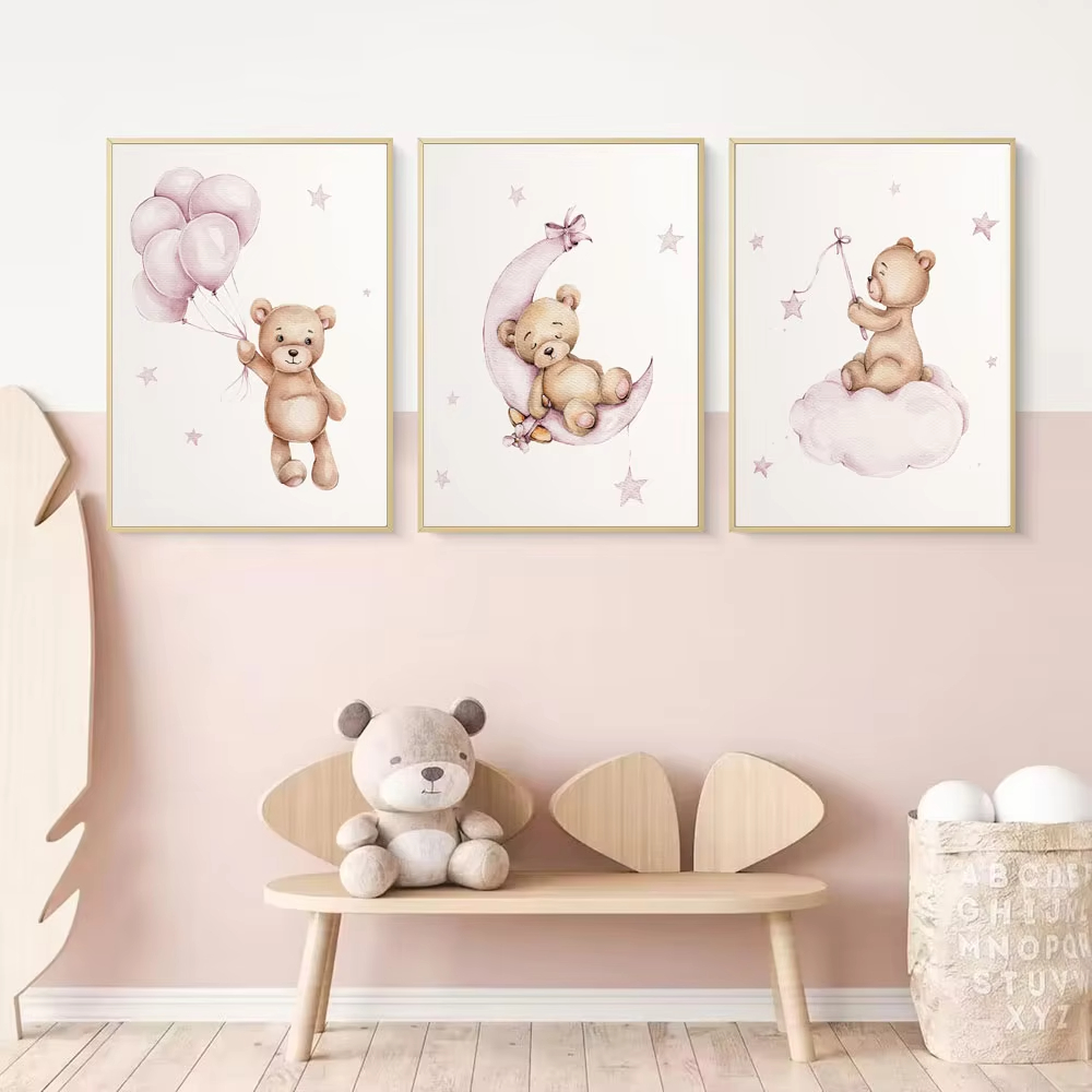 Baby Nursery Decor Girl - ベアナーサリー ウォールアート デコレーション テディベア キャンバス ウォールアート