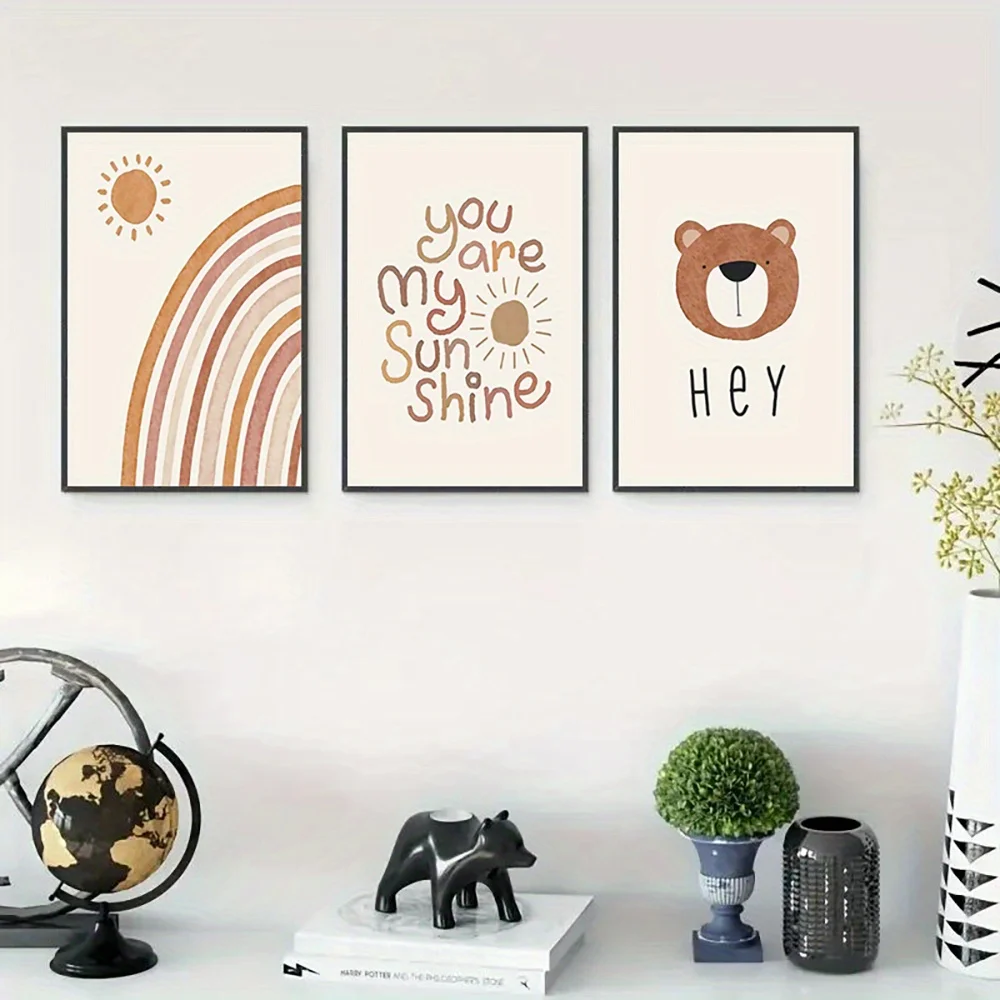 Baby Nursery Frames - （フレームなし）キャンバスアート3点セット、抽象的な太陽とクマの壁飾り、ボヘミアン調のベビーベッド用ポスター、芸術的な布製壁掛け、赤色。