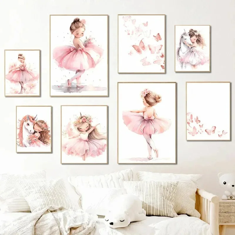ピンクのバレリーナガールユニコーン蝶ポスター子供部屋装飾キャ - Baby Nursery Frames のレビューと価格