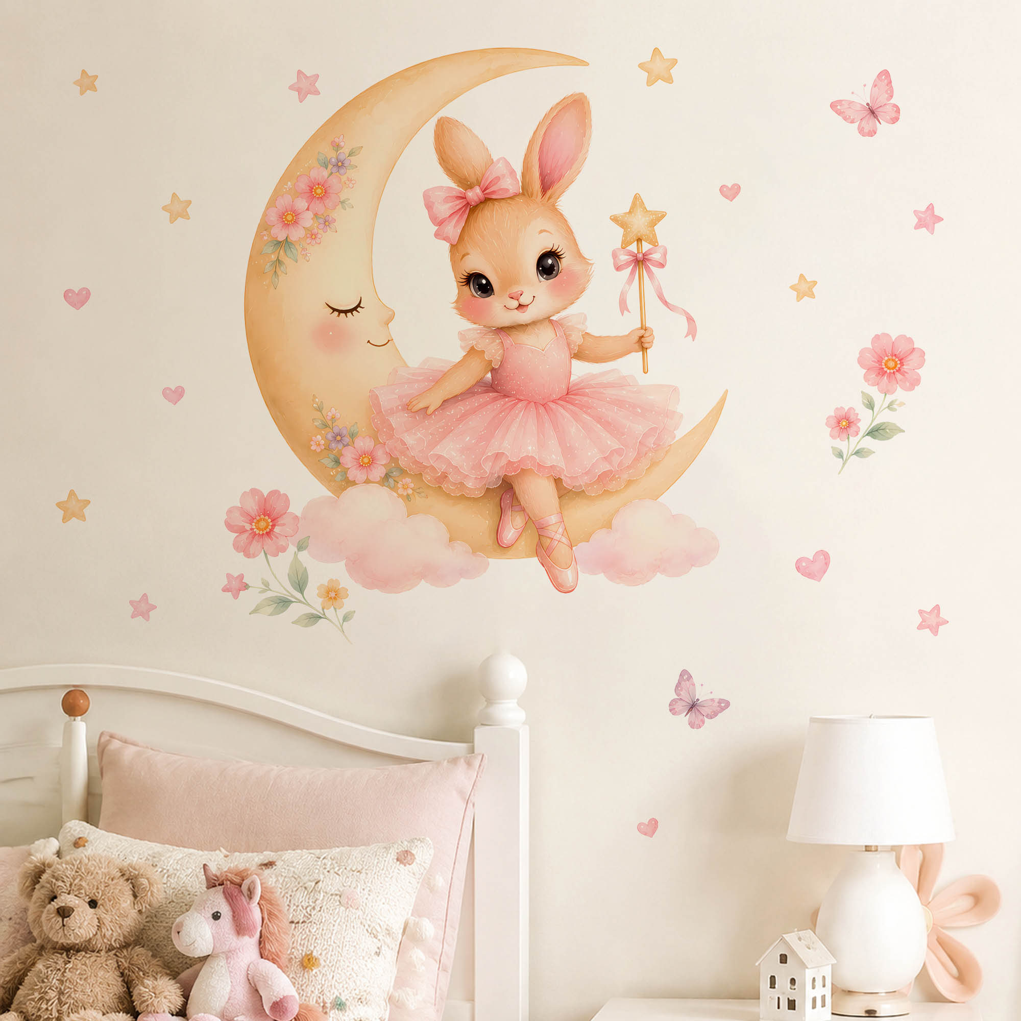 水彩画のバレリーナバニームーンウォールステッカー、ピンクのチ - Baby Nursery Decor Girl のレビューと価格