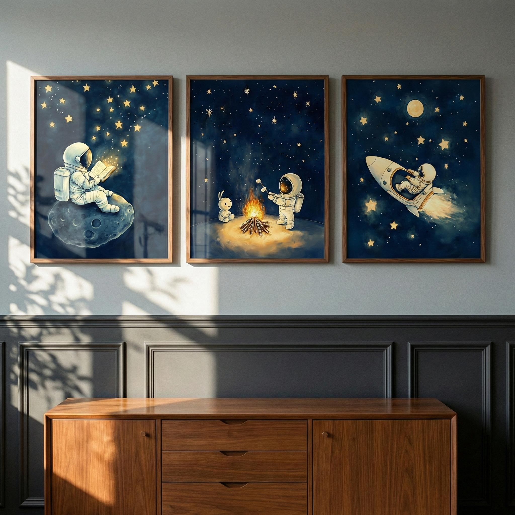 宇宙飛行士のスペースウォールアート3点セット、風変わりな宇宙 - Baby Nursery Frames のレビューと価格